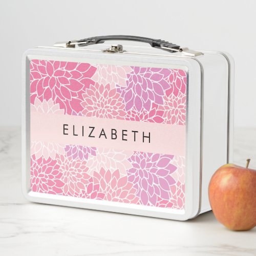 Pink Dahlia Flowers Pattern Of Flowers Your Name Metal Lunch Box