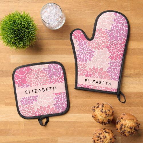 Pink Dahlia Flowers Pattern Of Flowers Your Name Oven Mitt  Pot Holder Set
