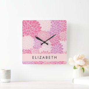 Pink Dahlia Flowers, Pattern Of Flowers, Your Name Square Wall Clock