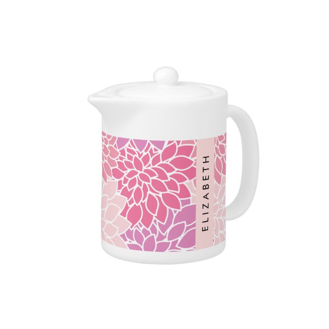 Pink Dahlia Flowers, Pattern Of Flowers, Your Name Teapot (Right)