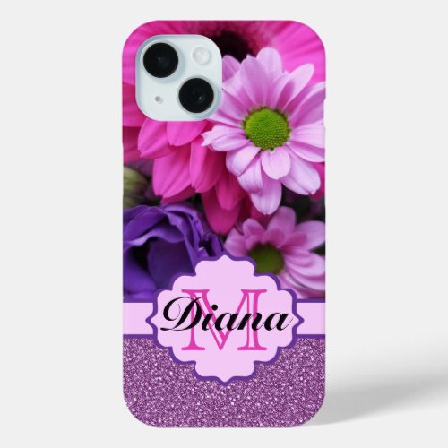 Pink Dahlia Flowers Purple Glitter Floral Name iPhone 15 Case