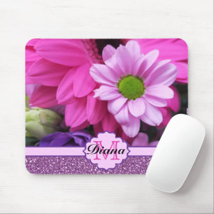 Pink Dahlia Flowers Purple Glitter Floral Name Mouse Pad