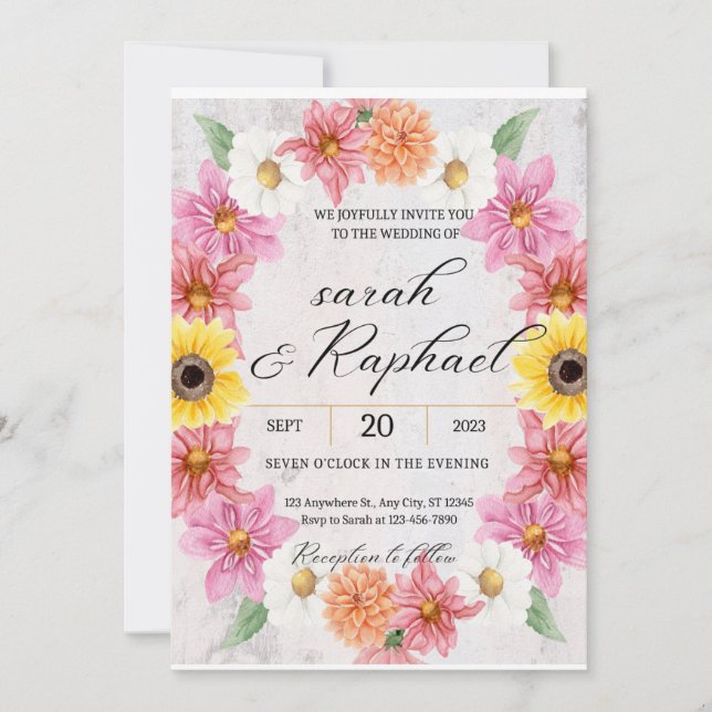 Pink Dahlia frame Watercolor wedding Invitation (Front)