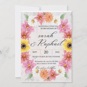 Pink Dahlia frame Watercolor wedding Invitation