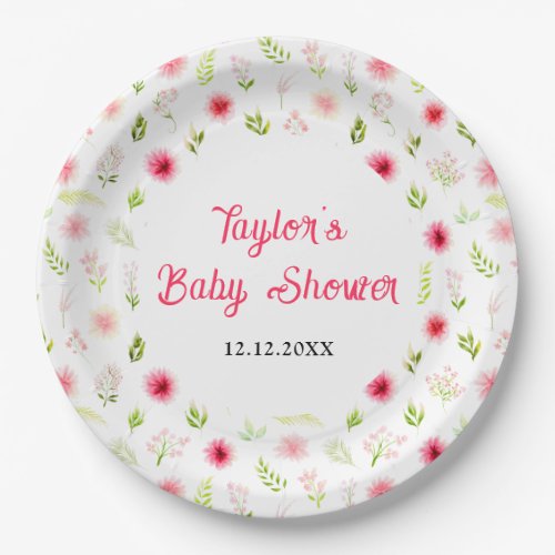Pink Dahlia Peony Floral Baby Shower Paper Plates