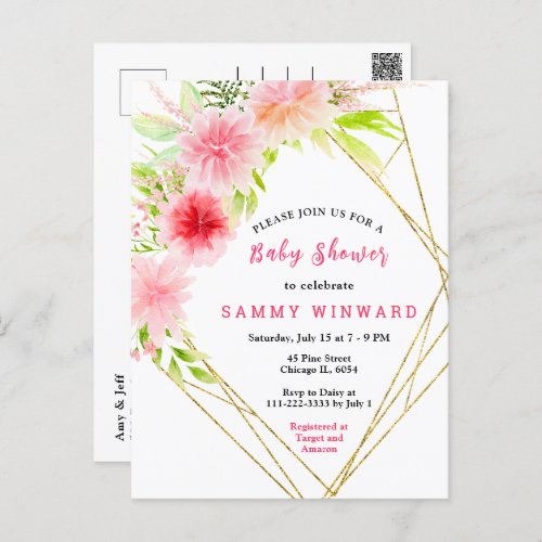 Pink Dahlia Peony Floral Baby Shower Postcard