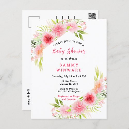 Pink Dahlia Peony Floral Baby Shower Postcard