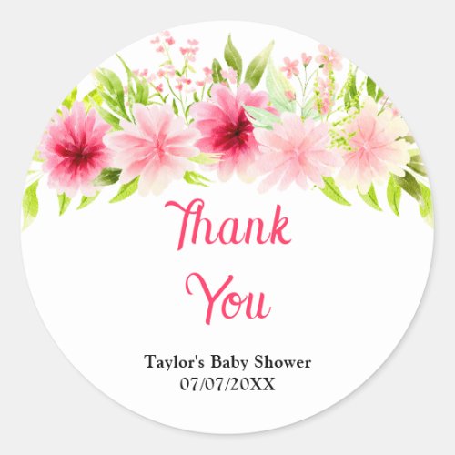 Pink Dahlia Peony Floral Baby Shower Thank You Classic Round Sticker