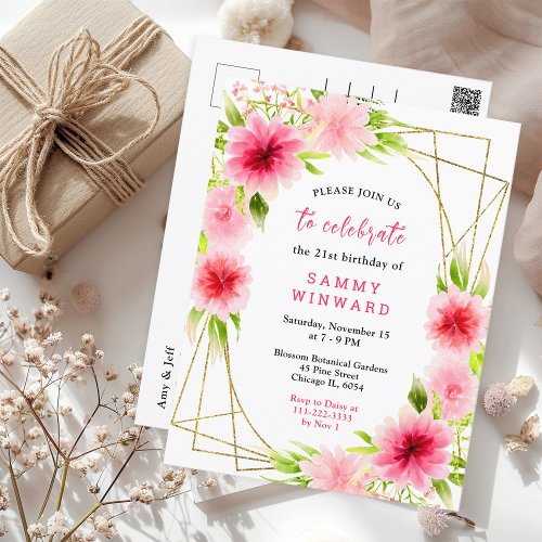 Pink Dahlia Peony Floral Birthday Postcard