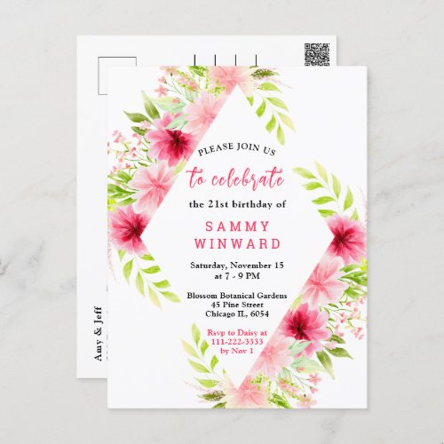 Pink Dahlia Peony Floral Birthday Postcard