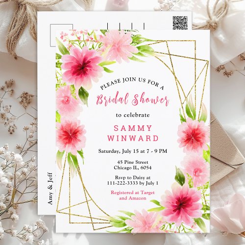 Pink Dahlia Peony Floral Bridal Shower Postcard