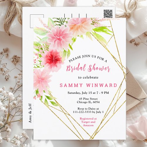 Pink Dahlia Peony Floral Bridal Shower Postcard