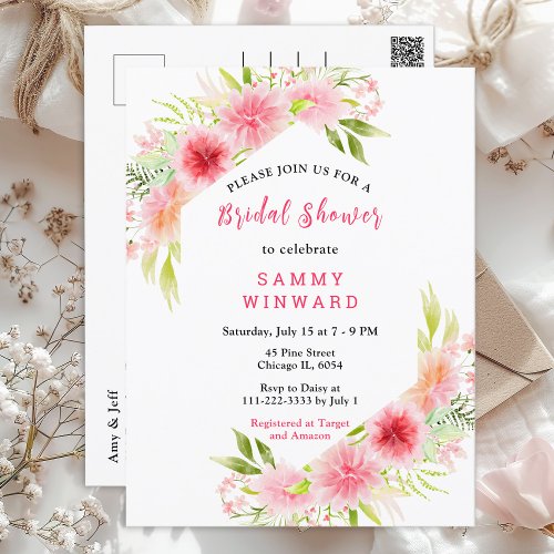 Pink Dahlia Peony Floral Bridal Shower Postcard