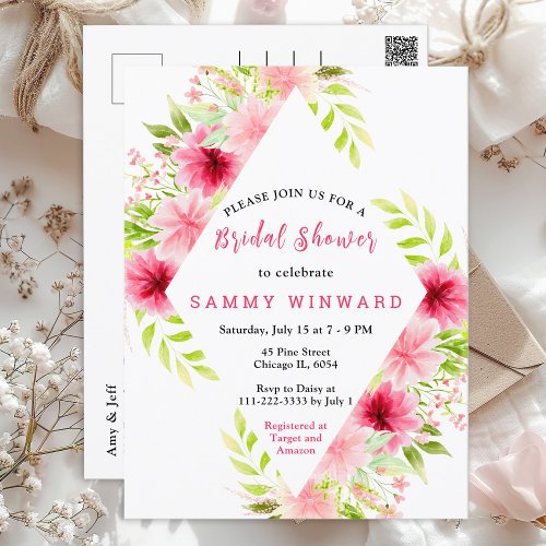 Pink Dahlia Peony Floral Bridal Shower Postcard