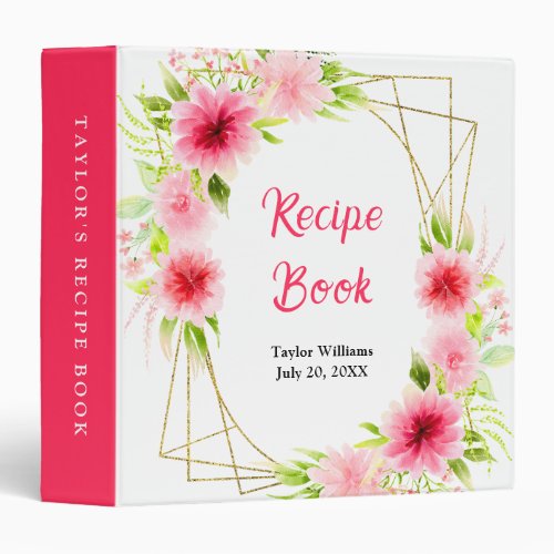 Pink Dahlia Peony Floral Recipe Book 3 Ring Binder