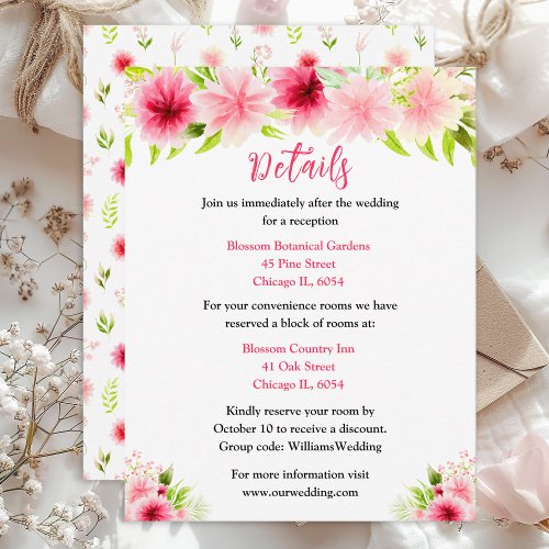 Pink Dahlia Peony Floral Wedding Enclosure Card