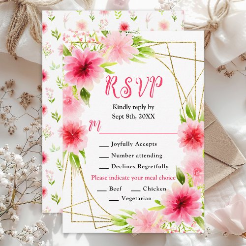 Pink Dahlia Peony Floral Wedding Meal Choice RSVP Card