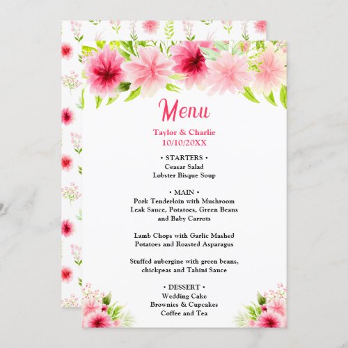 Pink Dahlia Peony Floral Wedding Menu