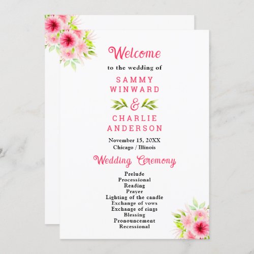 Pink Dahlia Peony Floral Wedding Program