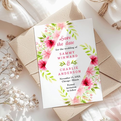 Pink Dahlia Peony Floral Wedding Save The Date Postcard