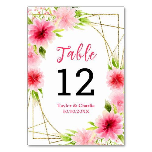 Pink Dahlia Peony Floral Wedding Table Number