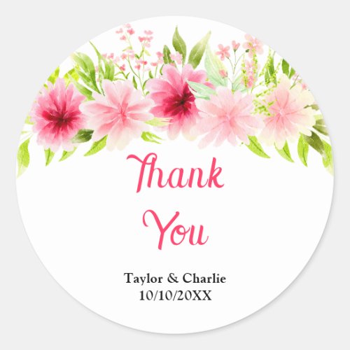Pink Dahlia Peony Floral Wedding Thank You Classic Round Sticker