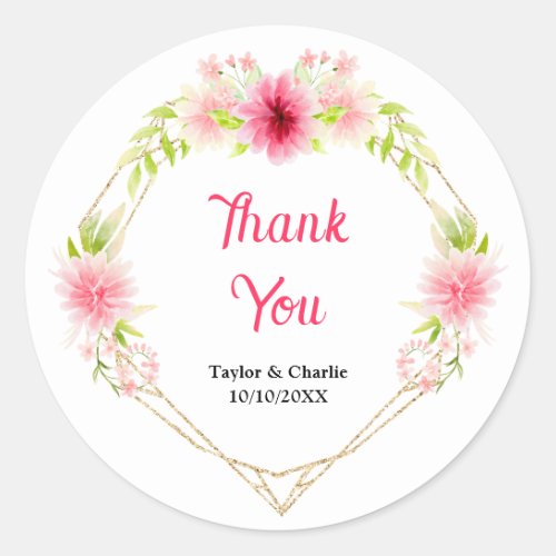 Pink Dahlia Peony Floral Wedding Thank You Classic Round Sticker