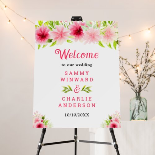 Pink Dahlia Peony Floral Wedding Welcome Sign