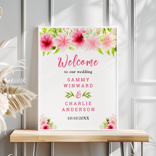 Pink Dahlia Peony Floral Wedding Welcome Sign