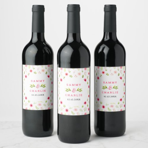 Pink Dahlia Peony Floral Wedding Wine Label