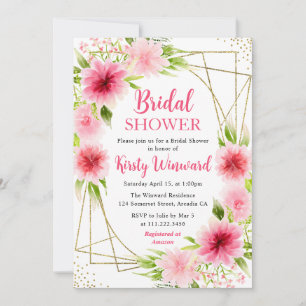 Pink Dahlia Peony Flowers Gold Frame Bridal Shower Invitation