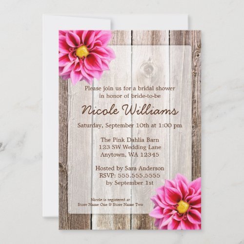 Pink Dahlia Rustic Barn Wood Bridal Shower Personalized Invite