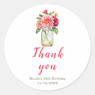 Pink Dahlias Mason Jar Birthday Party Classic Round Sticker