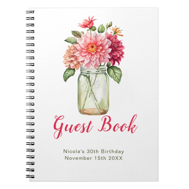 Pink Dahlias Mason Jar Birthday Party Guest Book (Front)