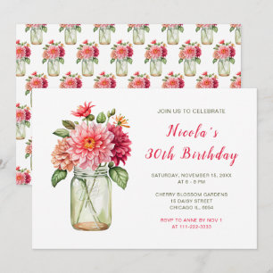 Pink Dahlias Mason Jar Birthday Party Invitation