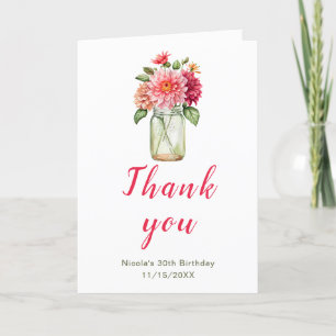 Pink Dahlias Mason Jar Birthday Party Letterpress Thank You Card