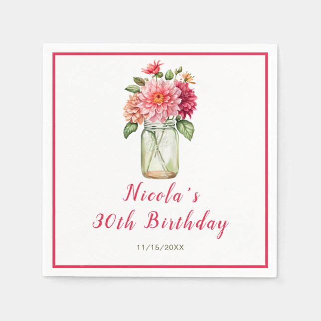 Pink Dahlias Mason Jar Birthday Party Napkins (Front)