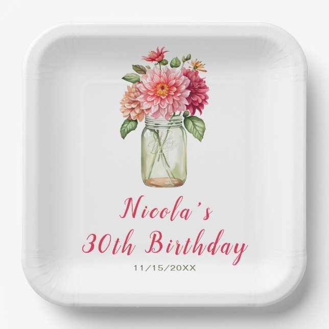 Pink Dahlias Mason Jar Birthday Party Paper Plates (Front)