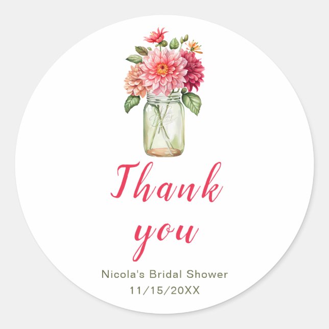 Pink Dahlias Mason Jar Bridal Shower Classic Round Sticker (Front)