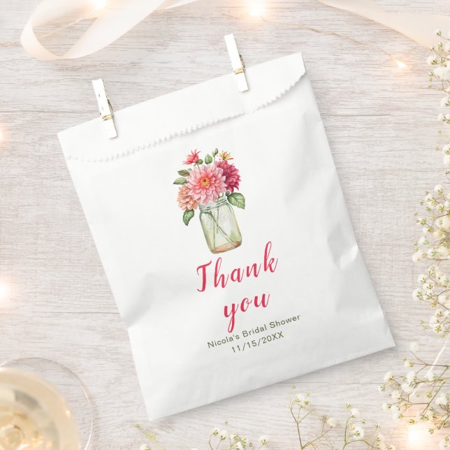 Pink Dahlias Mason Jar Bridal Shower Favor Bag (Clipped)