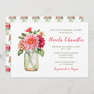 Pink Dahlias Mason Jar Bridal Shower Invitation