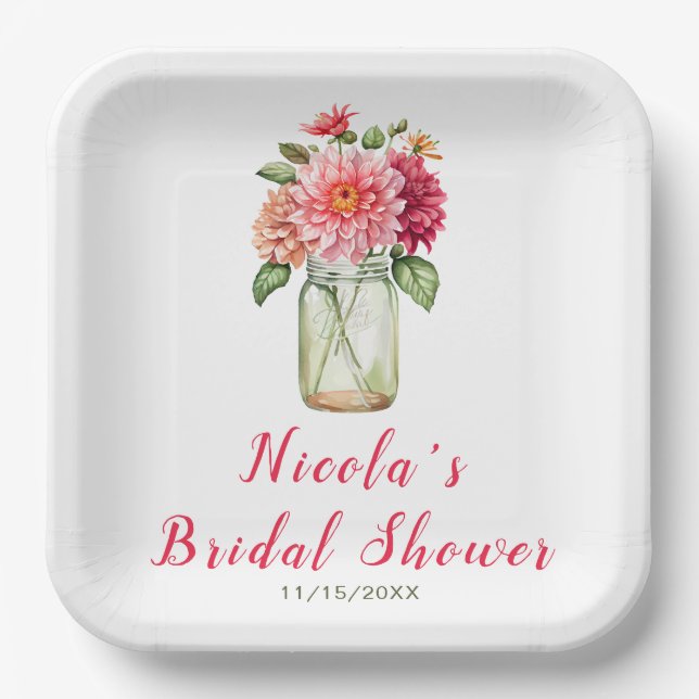 Pink Dahlias Mason Jar Bridal Shower Paper Plates (Front)