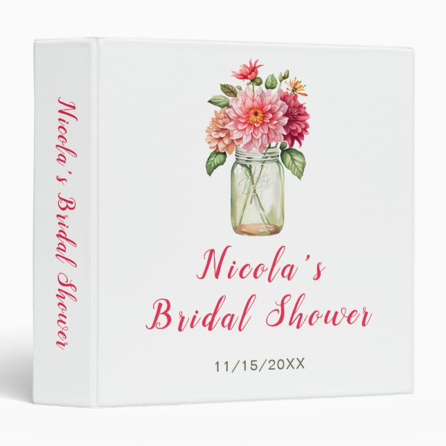 Pink Dahlias Mason Jar Bridal Shower Photo Album 3 Ring Binder (Front/Spine)