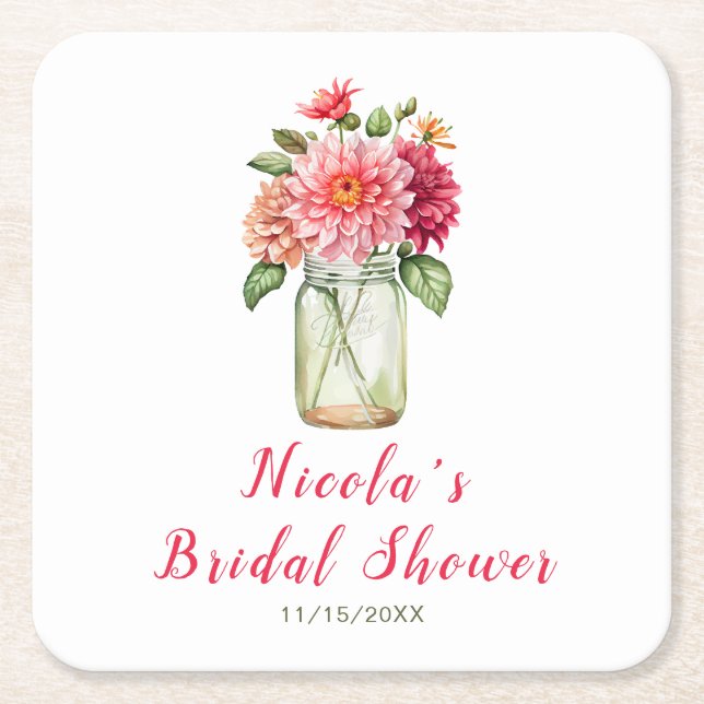 Pink Dahlias Mason Jar Bridal Shower Square Paper Coaster (Front)
