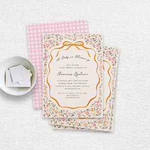 Pink Dainty Flowers and Orange Bow Baby Shower Invitation