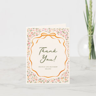 Pink Dainty Flowers and Orange Bow Letterpress Thank You Card