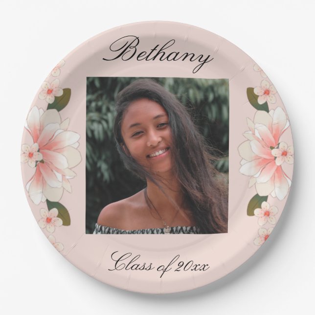 Pink dainty graduate feminine photo Graduation Paper Plates (Front)
