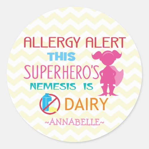 Pink Dairy Allergy Alert Superhero Girl Silhouette Classic Round Sticker