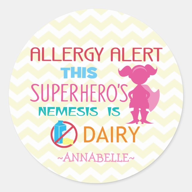 Pink Dairy Allergy Alert Superhero Girl Silhouette Classic Round Sticker (Front)