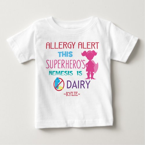 Pink Dairy Allergy Alert Superhero Girls Baby T_Shirt